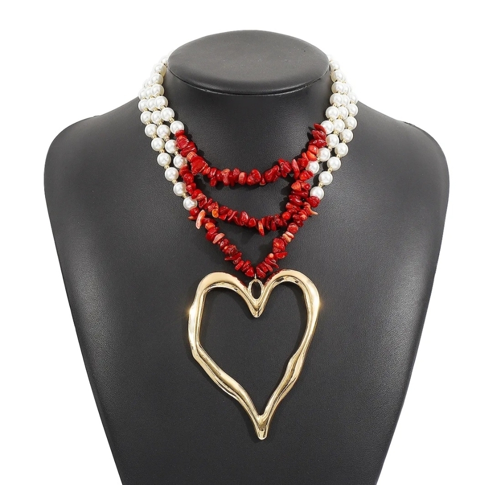 Gold Heart Pendant Necklace with Faux Red Coral & Simulated Pearls - Picture 6 of 15